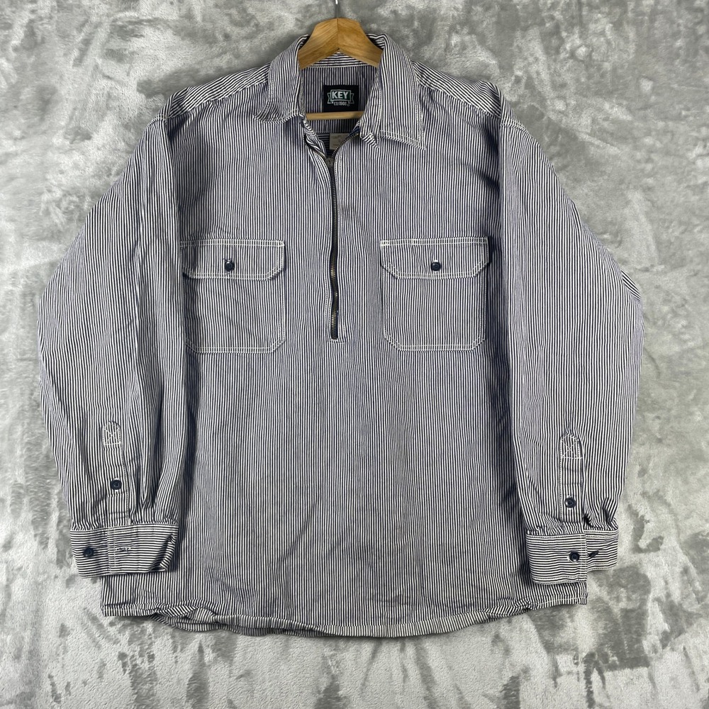 Key Workwear Shirt Mens XL Blue White Hickory Stripe 1/4 Zip Pullover Conductor